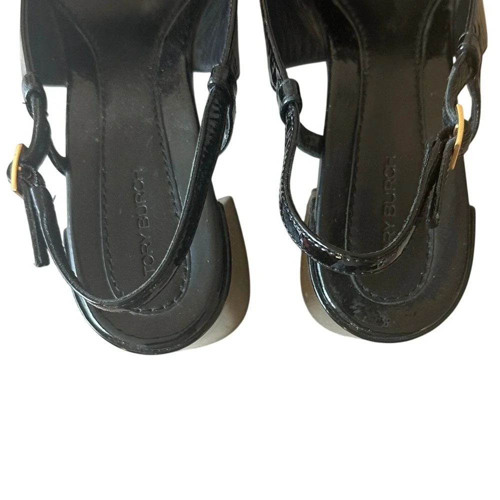 Tory Burch Georgia Black Patent Slingback Block Heel Pumps Size 8.5